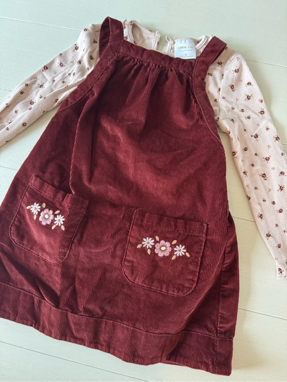 Corduroy Pinafore Dress with Floral Pockets - Burgundy